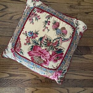 Floral Pink and Beige Throw Pillows. Jacobean Design. Red Cord. Cotton 18 x 18